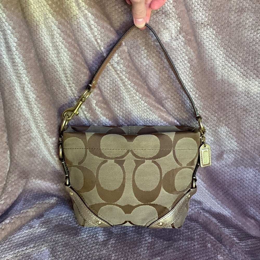 Authentic Coach Signature Carly Small Shoulder Bag - Brown & Tan with Gold